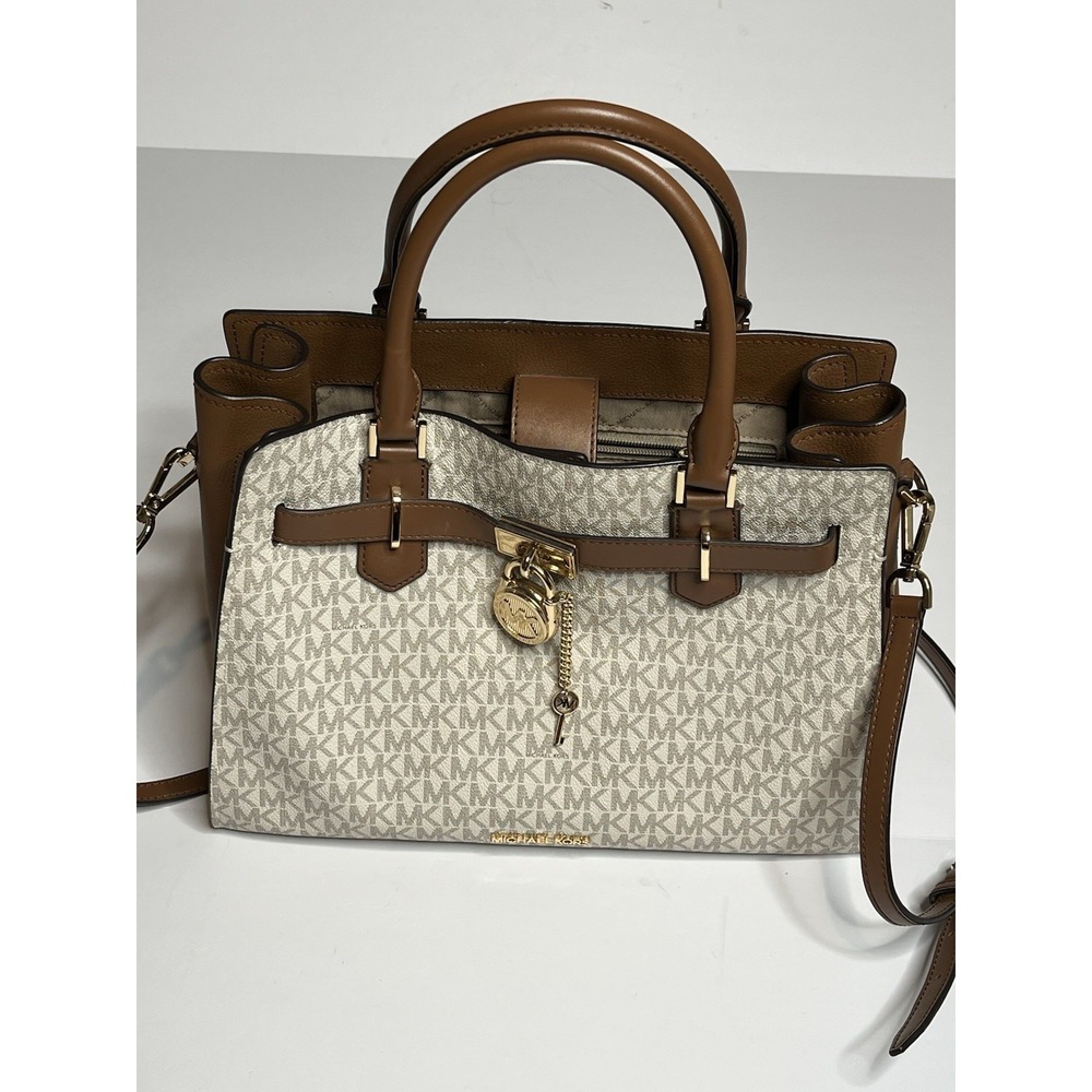 Michael Kors Hamilton Medium Satchel Shoulder Strap Vanilla Handbag W/ MK Logo
